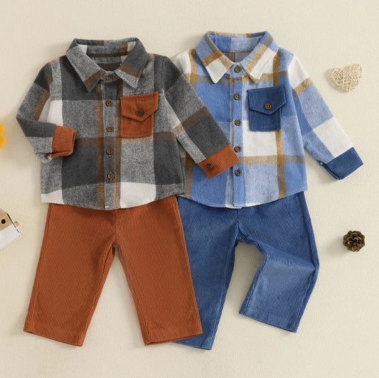 Long Sleeve Plaidhirt Corduroy Pants Set