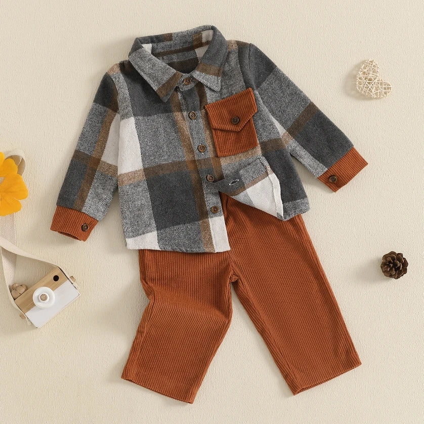 Long Sleeve Plaidhirt Corduroy Pants Set