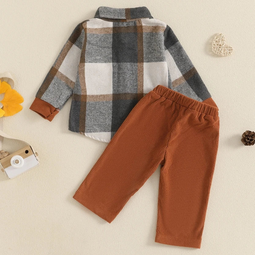 Long Sleeve Plaidhirt Corduroy Pants Set