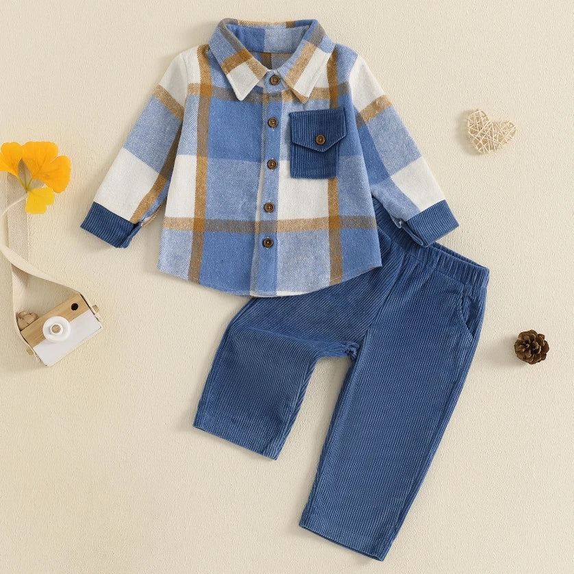 Long Sleeve Plaidhirt Corduroy Pants Set