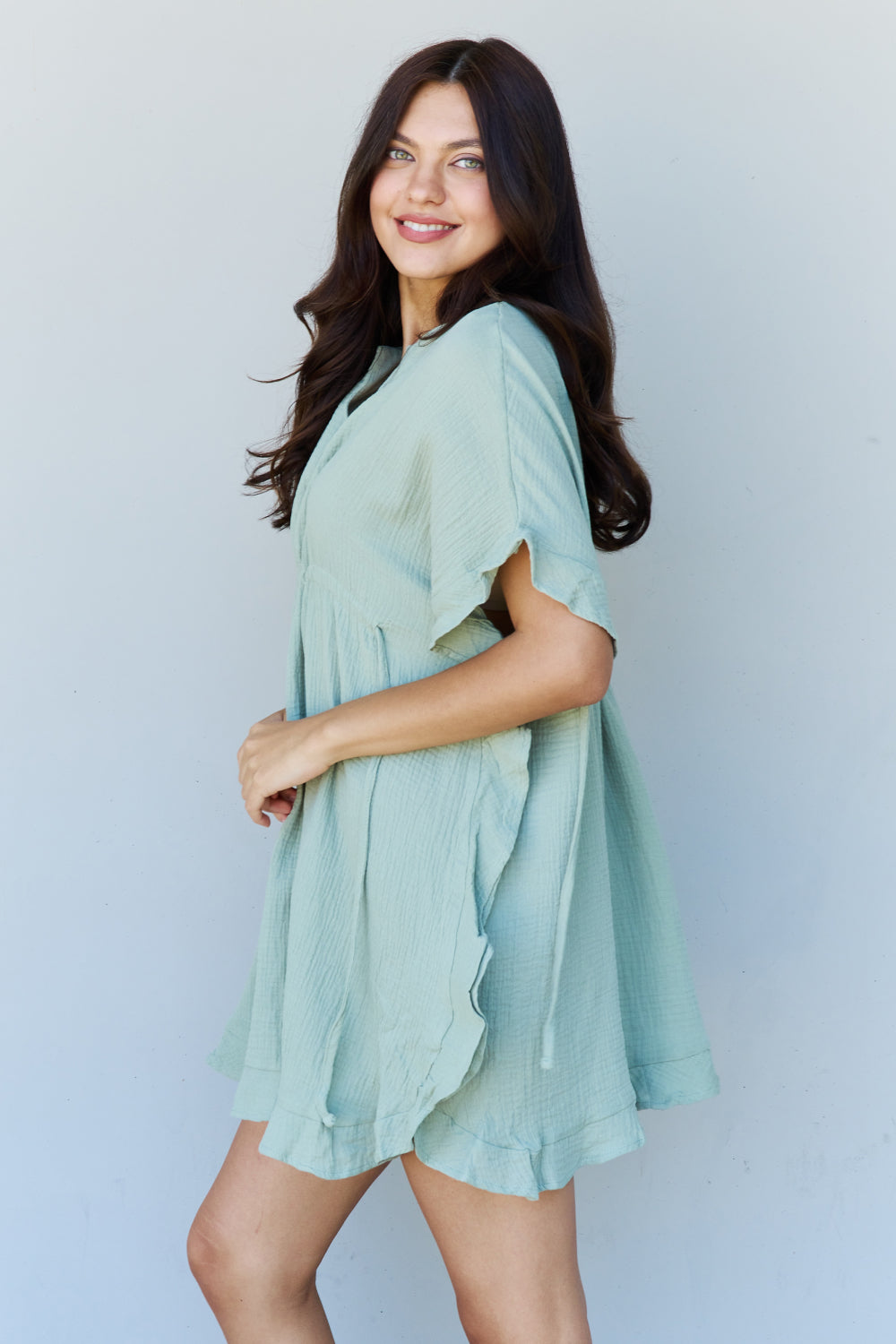 Full Size Ruffle Hem Dress with Drawstring Waistband in Light Sage