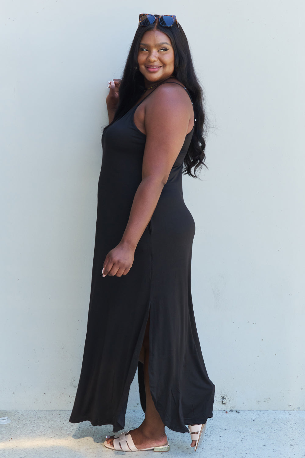 Full Size Cami Side Slit Maxi Dress in Black