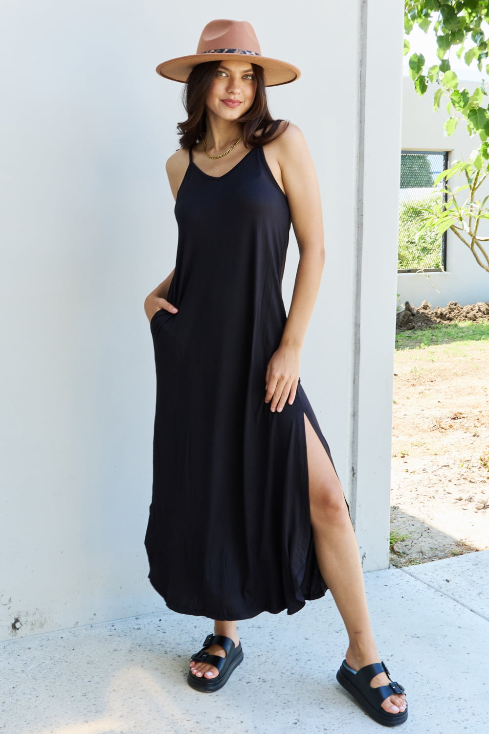 Full Size Cami Side Slit Maxi Dress in Black