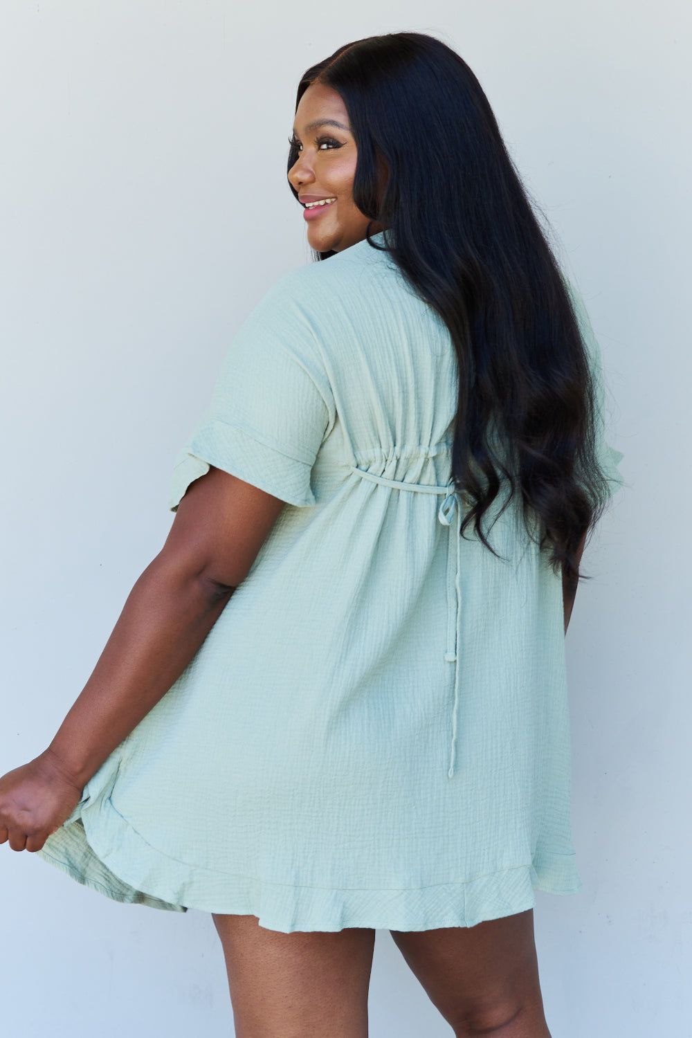 Full Size Ruffle Hem Dress with Drawstring Waistband in Light Sage