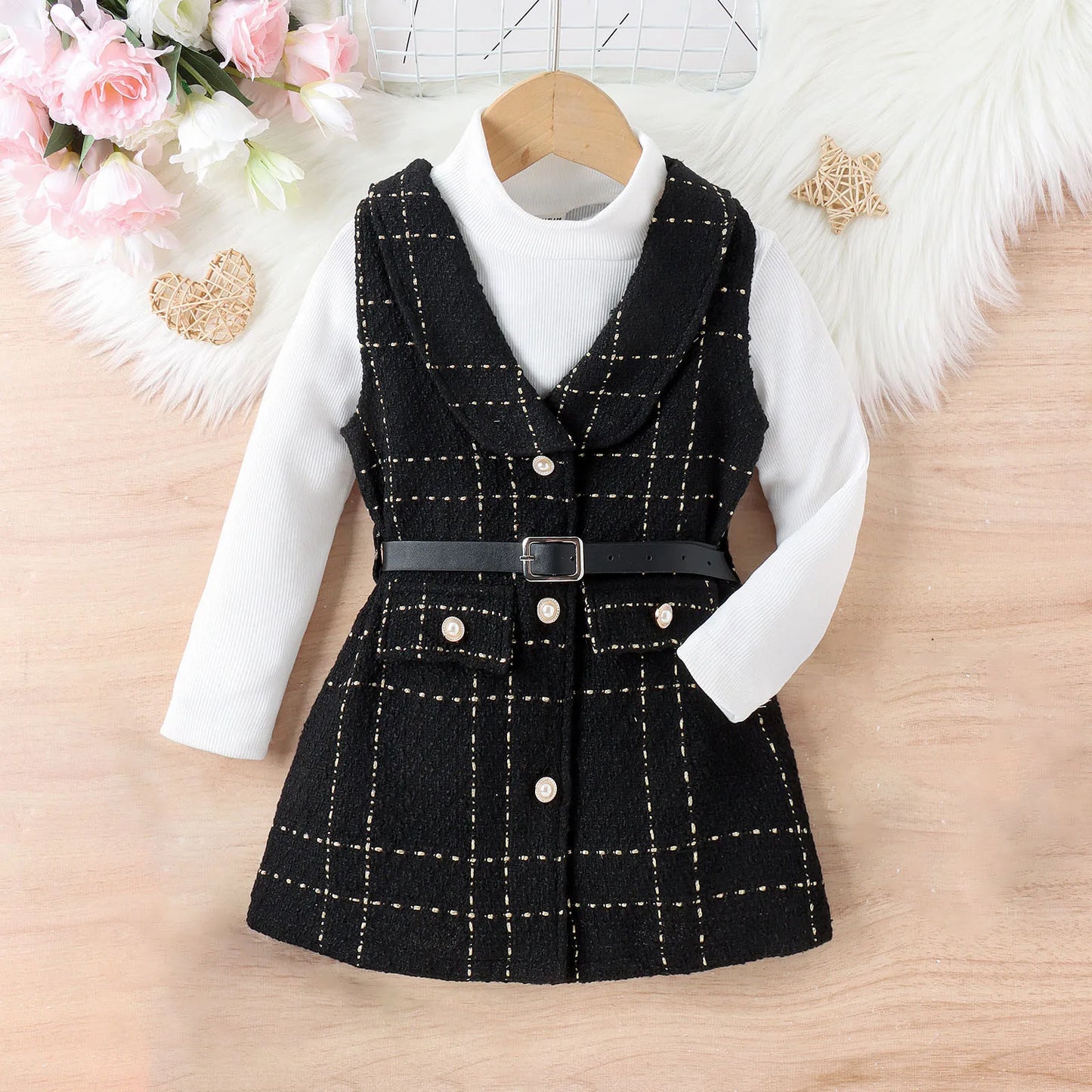 Jacket Dress with Belt+Long Sleeve Ribbed Tops Set