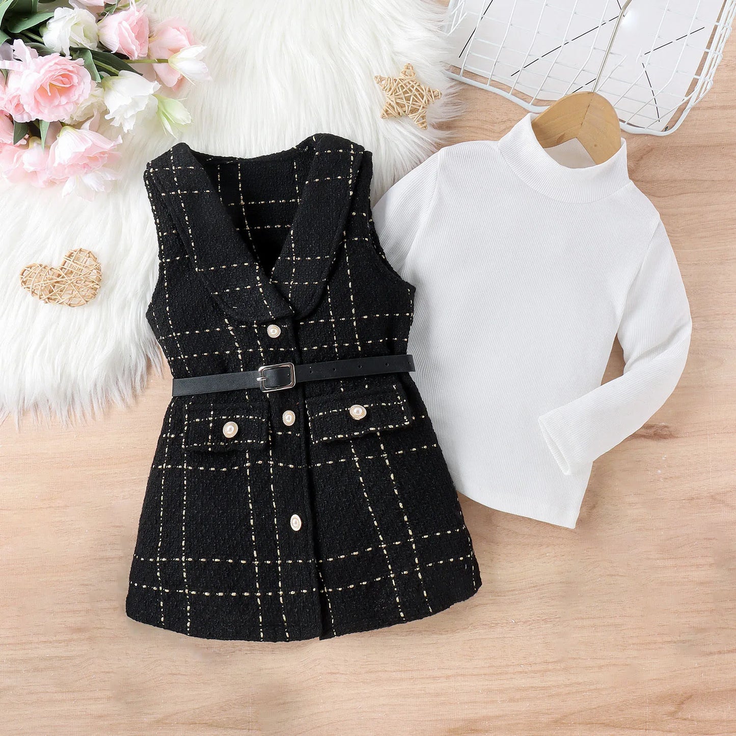 Jacket Dress with Belt+Long Sleeve Ribbed Tops Set