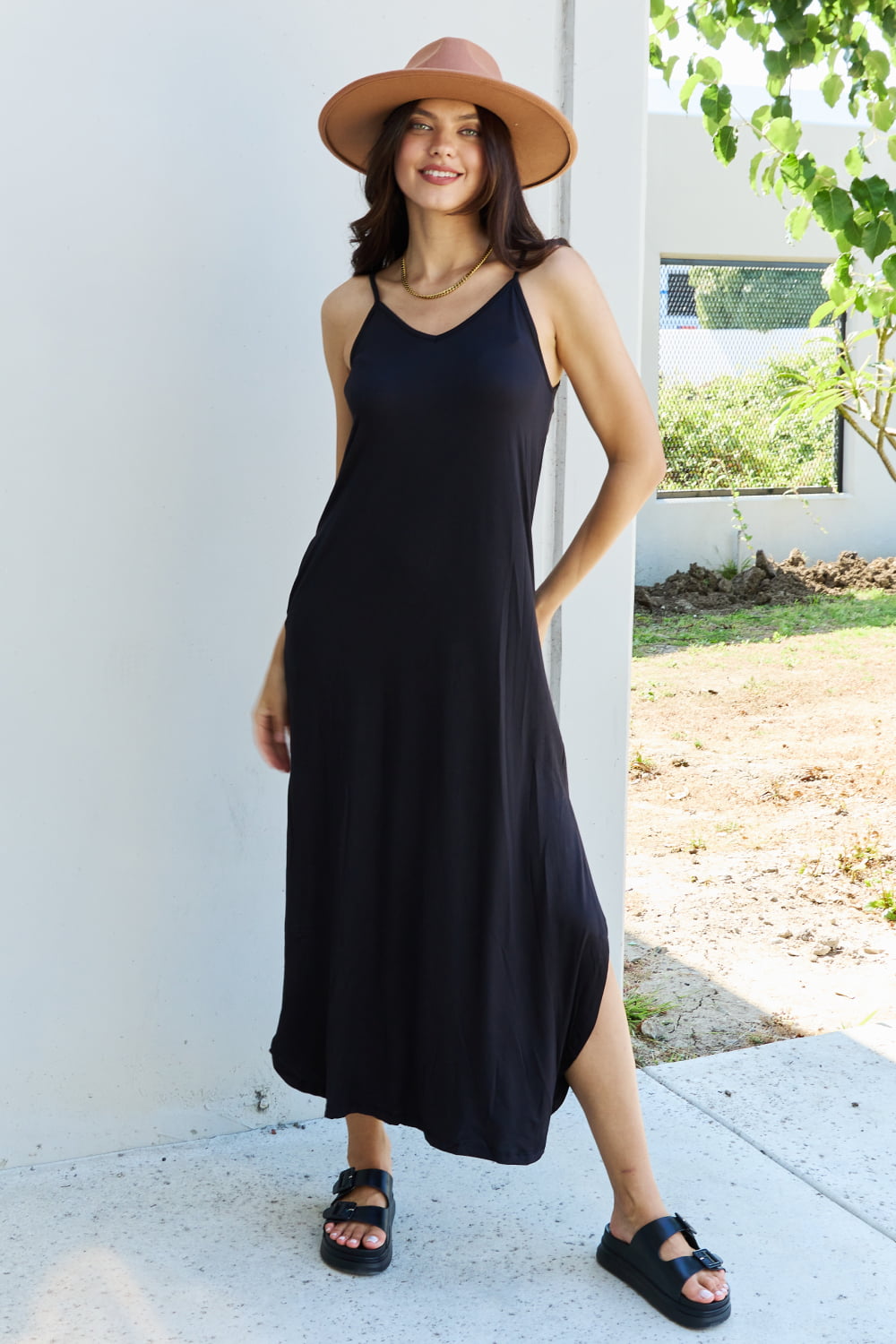 Full Size Cami Side Slit Maxi Dress in Black