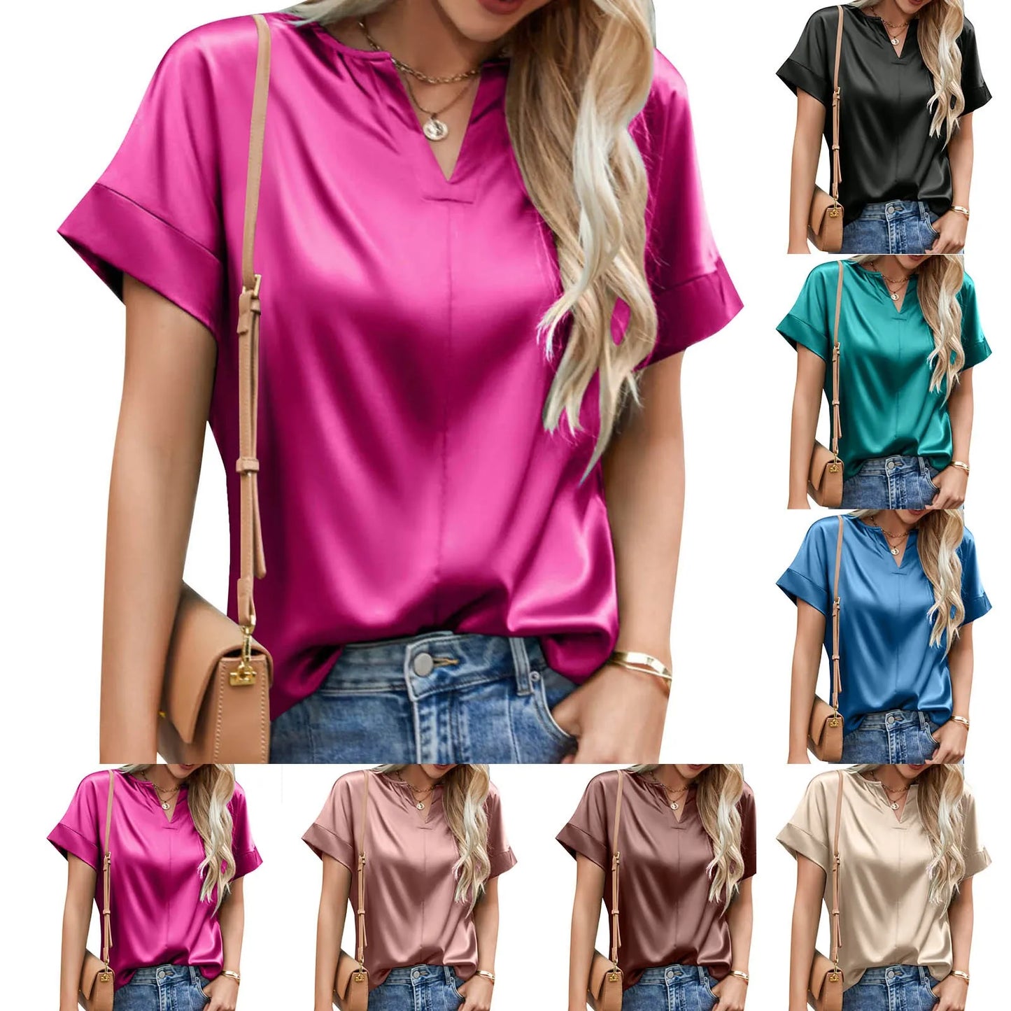 Satin Solid Color V Neck Shirt