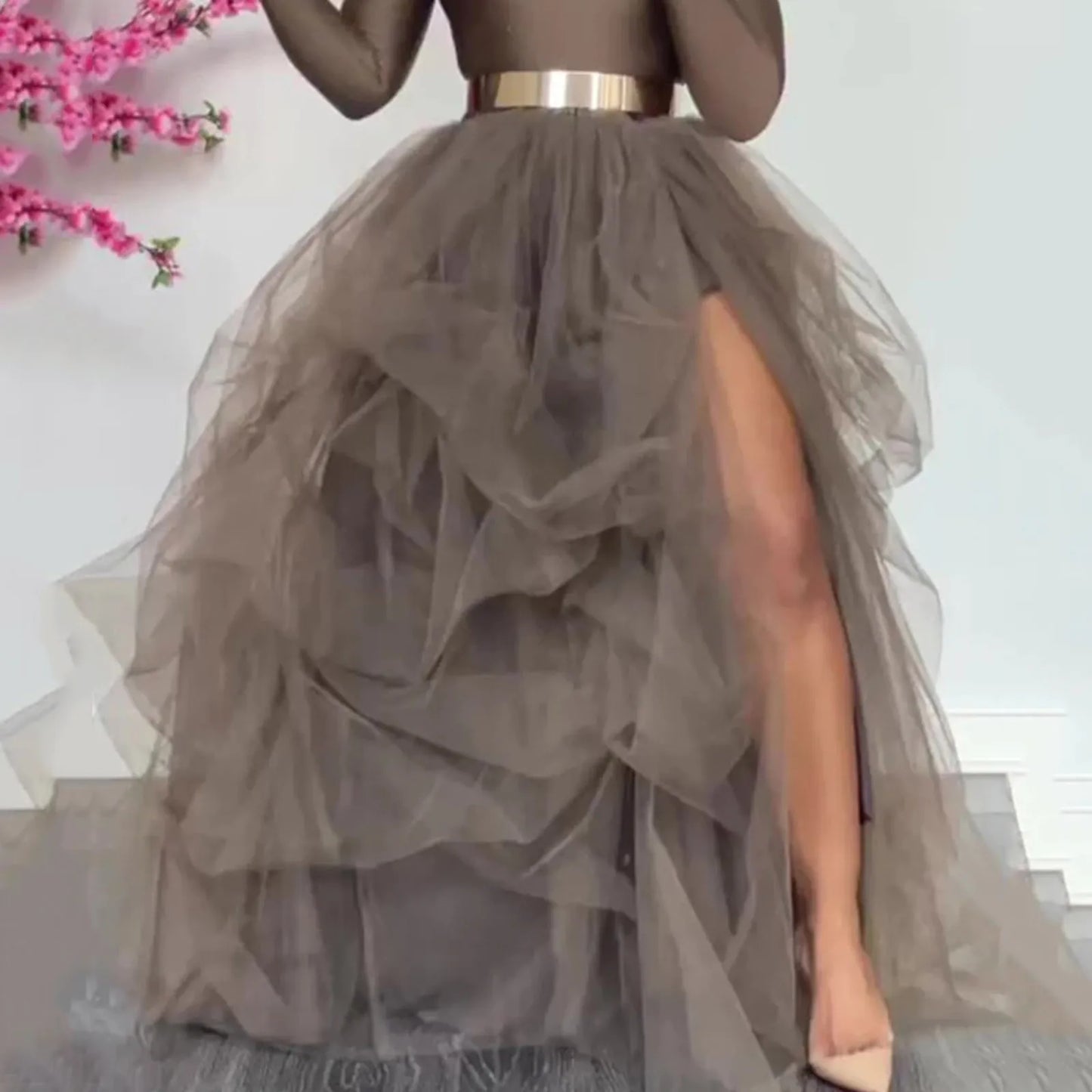 Layered Tulle High Slit Long Skirt