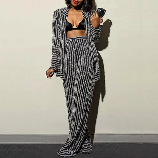 Black & Grey Pinstripe Women 2 Piece Set