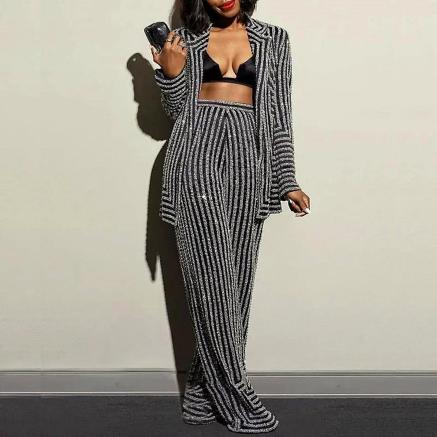 Black & Grey Pinstripe Women 2 Piece Set