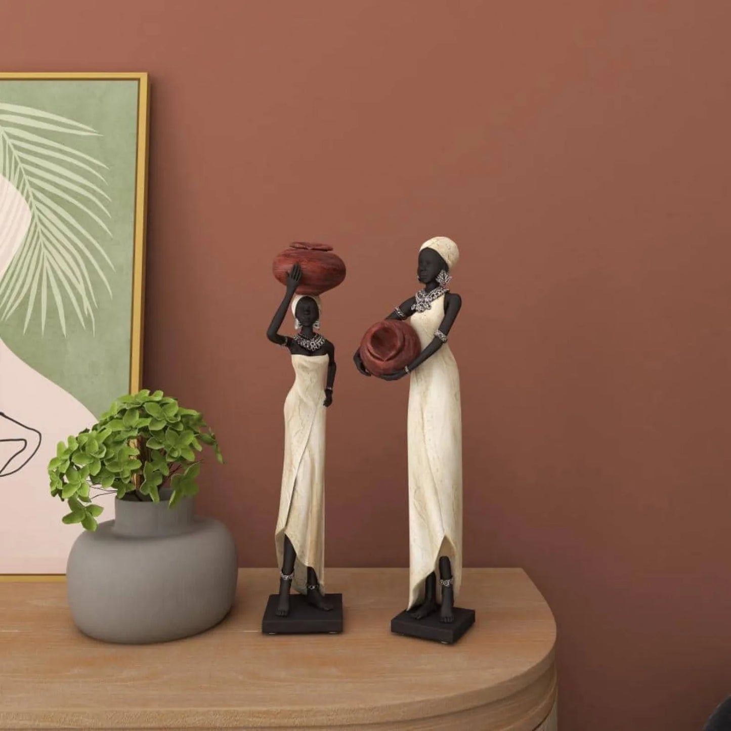 Cream Standing African Woman Sculpture with Red Water Pots and Black Base (Set of 2)