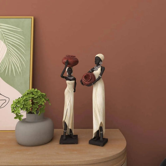 Cream Standing African Woman Sculpture with Red Water Pots and Black Base (Set of 2)