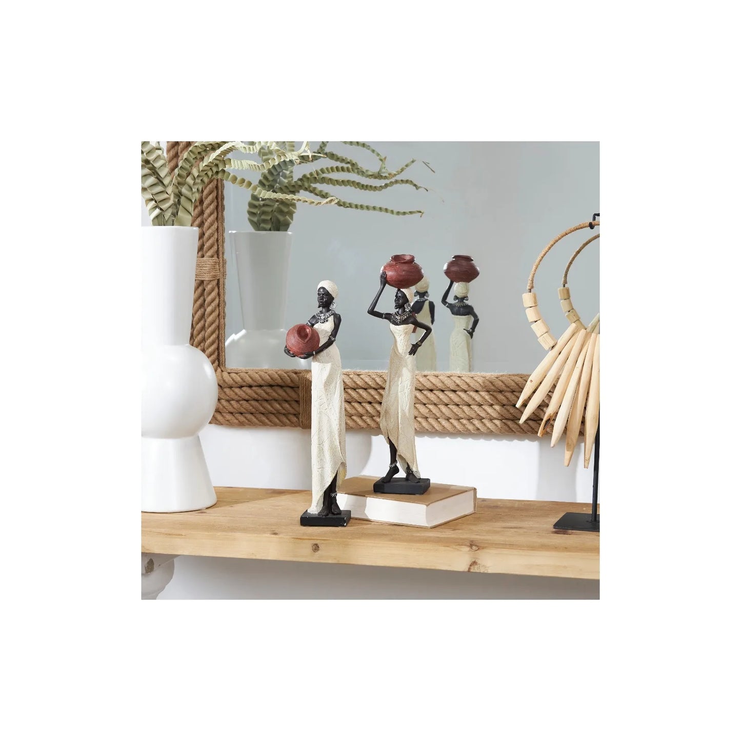 Cream Standing African Woman Sculpture with Red Water Pots and Black Base (Set of 2)