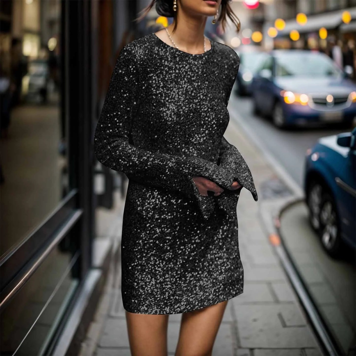 Long Sleeve Glitter Cocktail Mini Dress