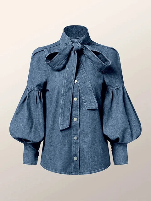 Denim Puff Sleeves Bow-Embellished Top