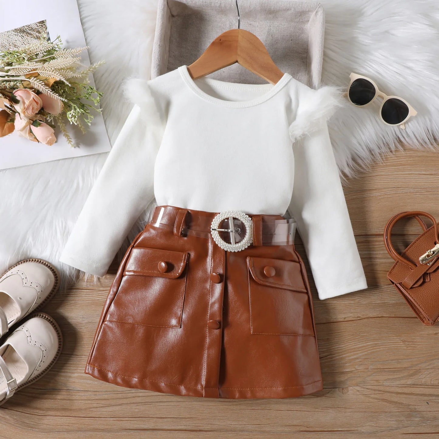 Feather Trim Long Sleeve Knit Top+PU Leather Belted Skirt