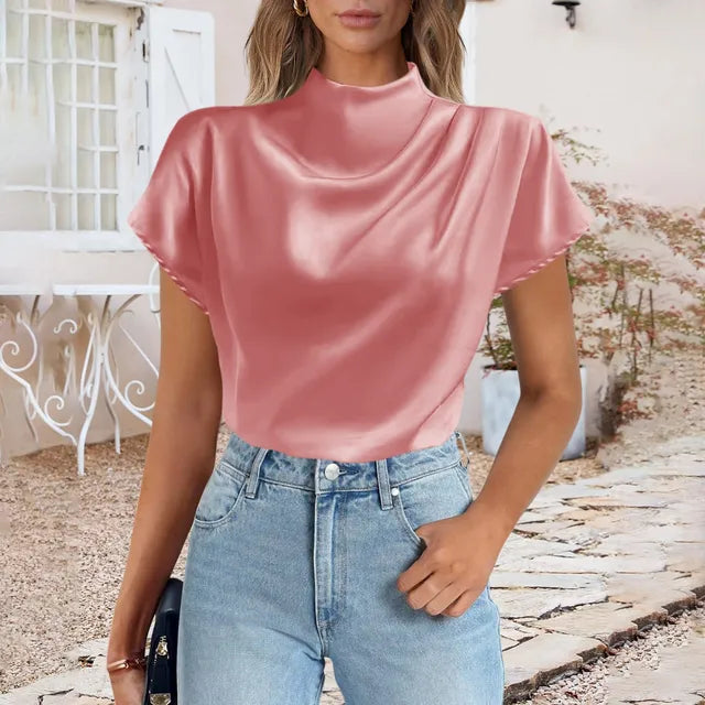 Satin Short Sleeve Crewneck Tops