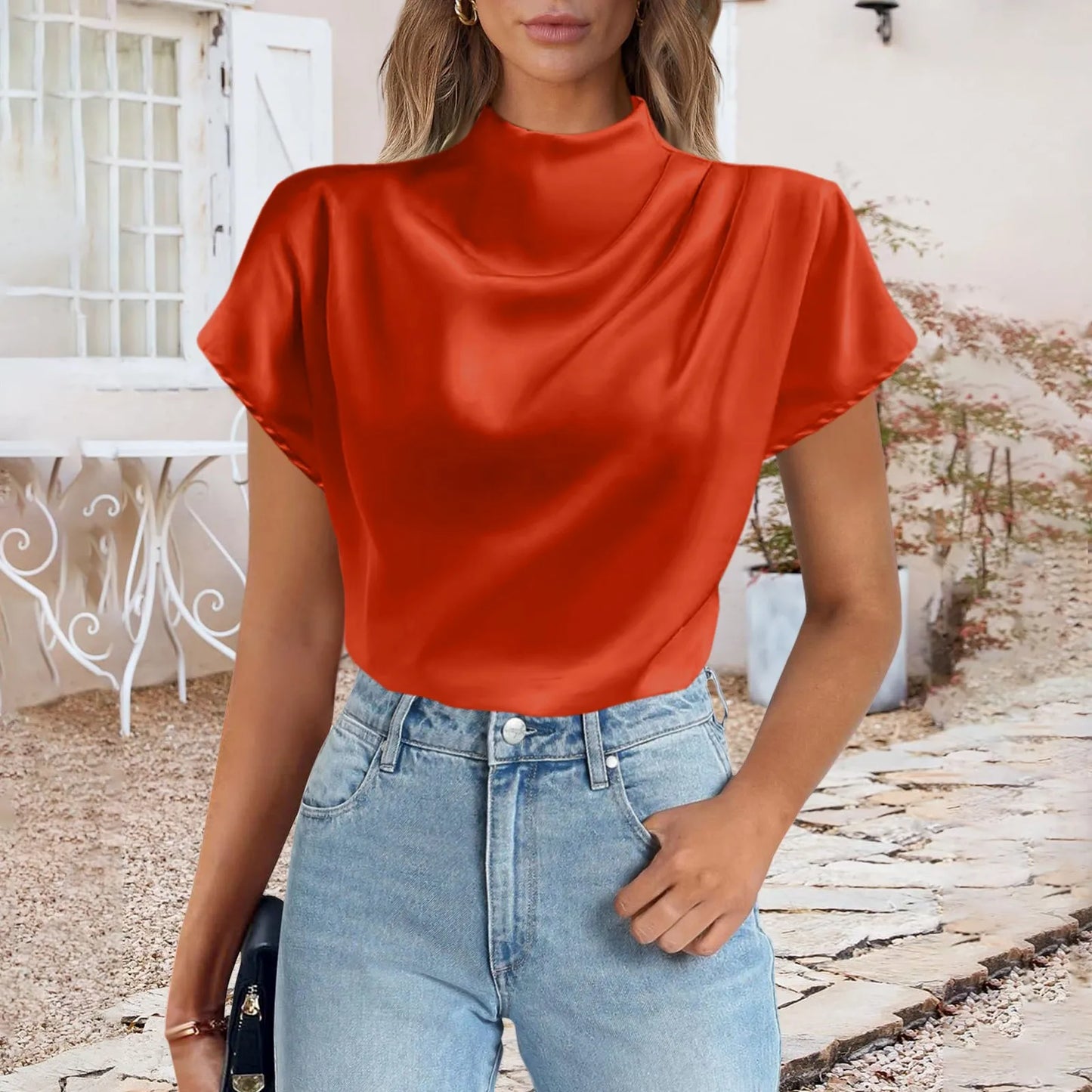 Satin Short Sleeve Crewneck Tops