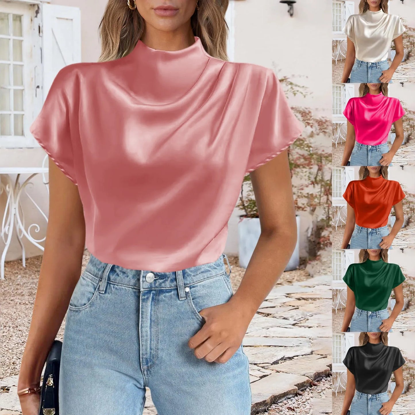 Satin Short Sleeve Crewneck Tops