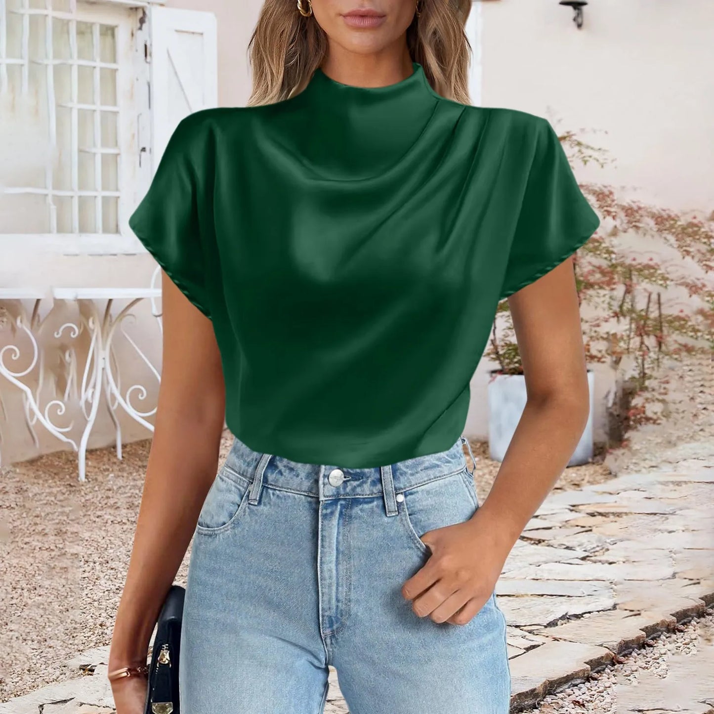 Satin Short Sleeve Crewneck Tops