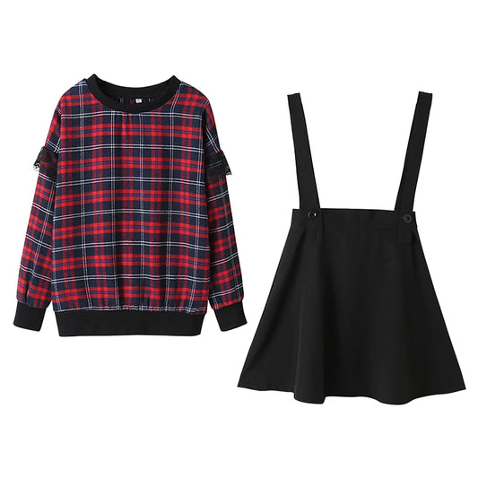 Girls' Long Sleeved Round Neck Red Plaid Sweater And Strappy Skirt