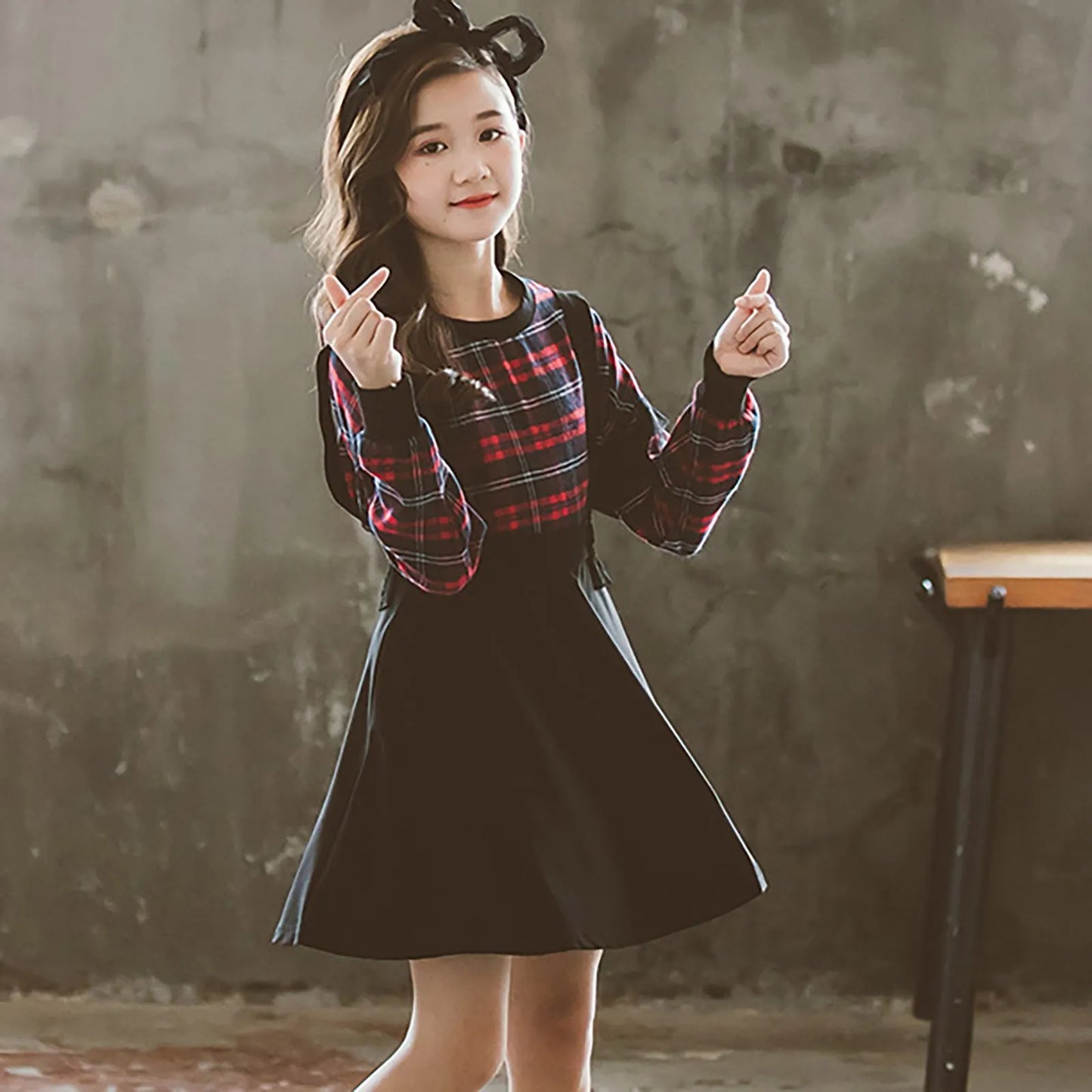 Girls' Long Sleeved Round Neck Red Plaid Sweater And Strappy Skirt