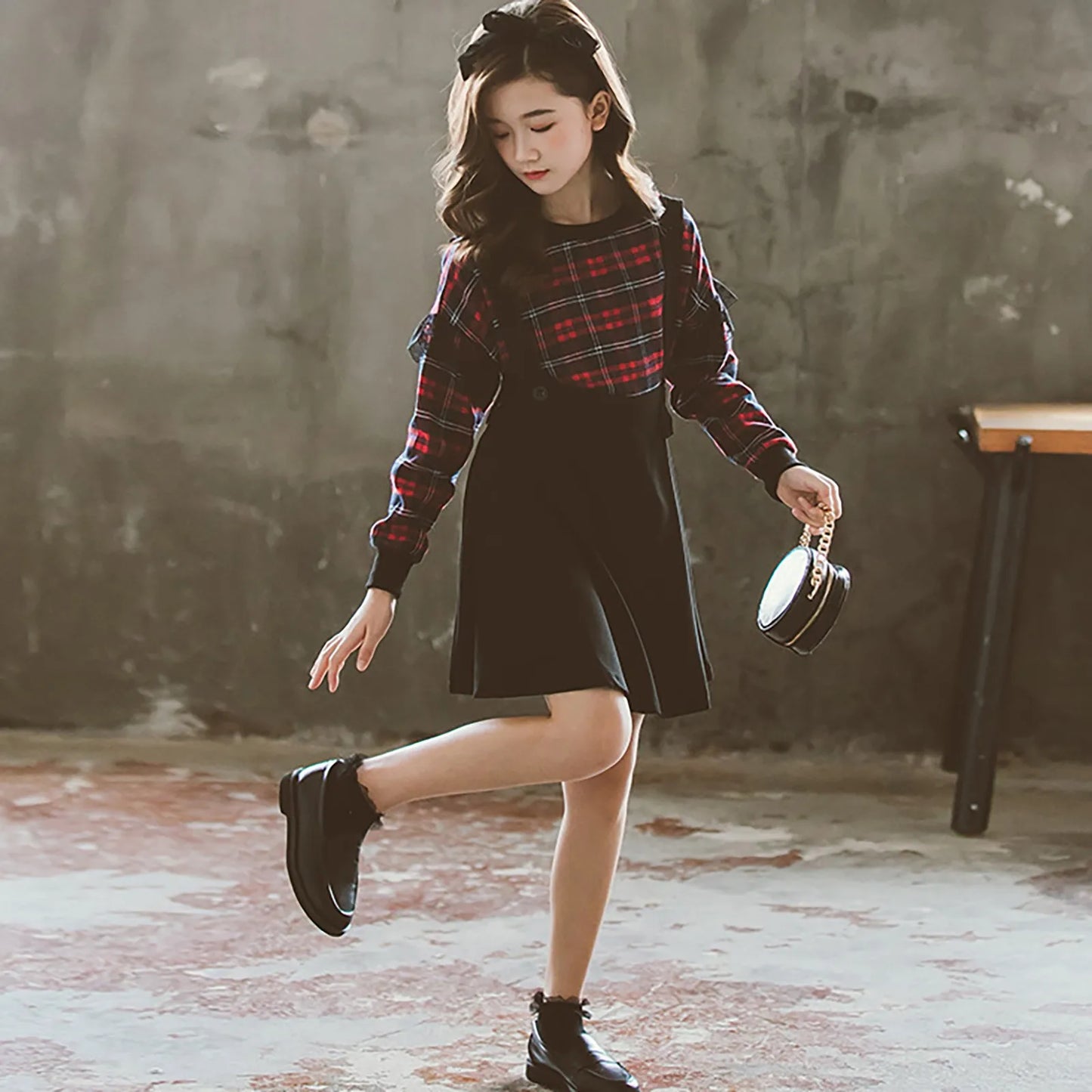 Girls' Long Sleeved Round Neck Red Plaid Sweater And Strappy Skirt