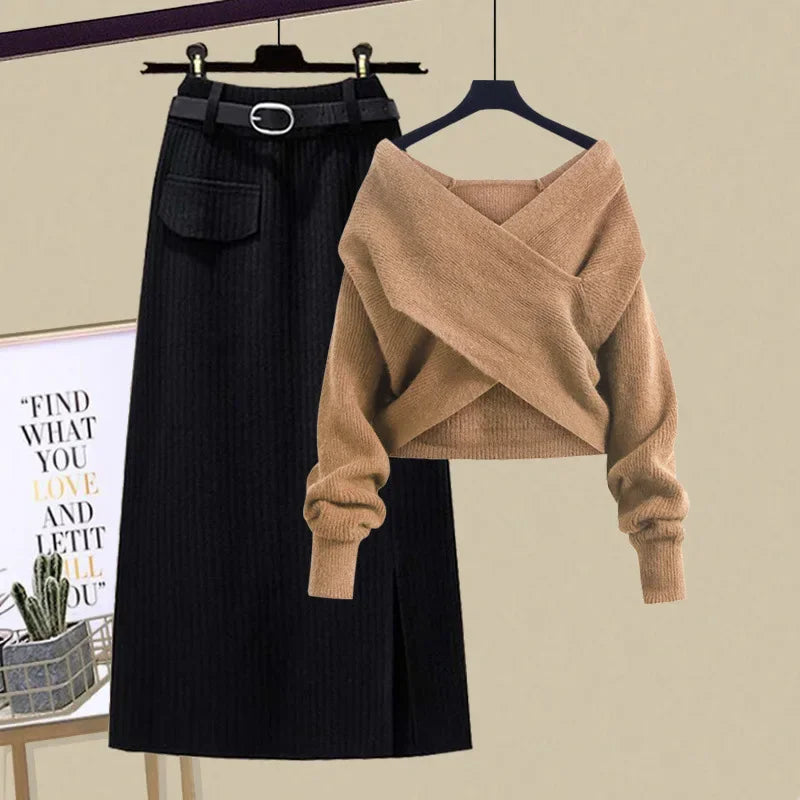 Cross Top Sweater & Slimming Skirt 2-Piece Set