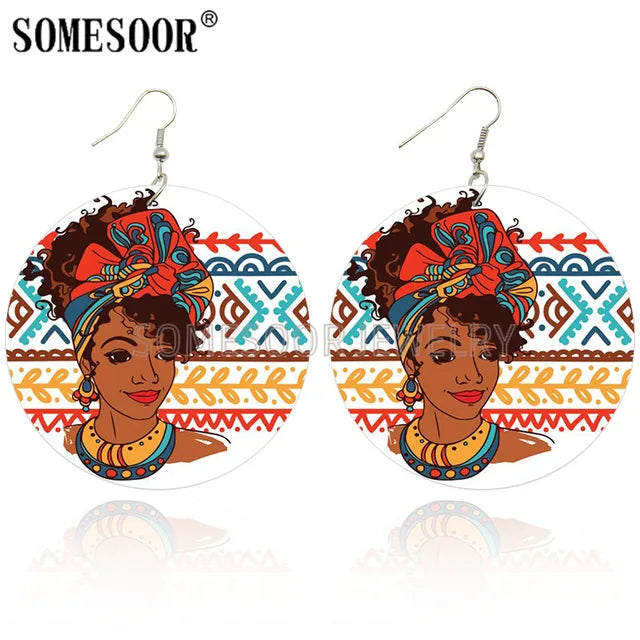 Printed African Wooden Drop Earrings