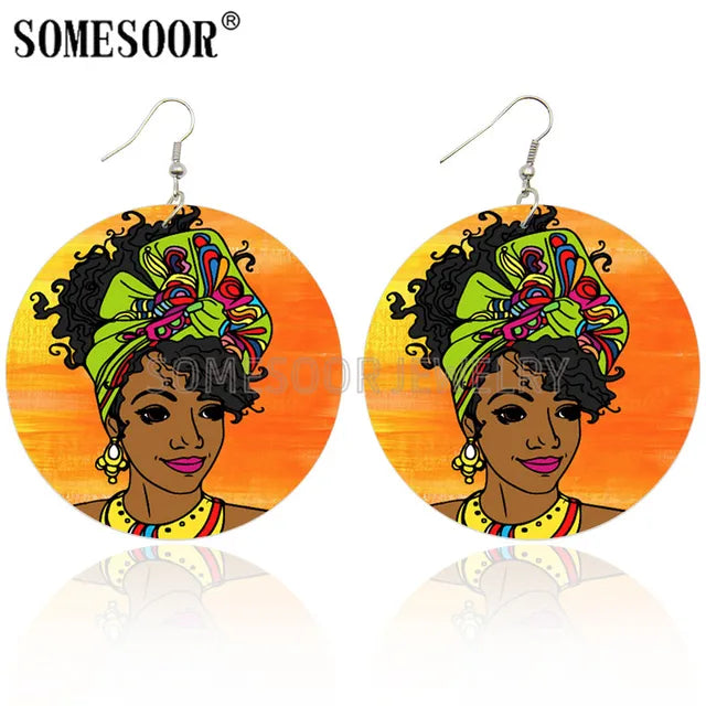 Printed African Wooden Drop Earrings