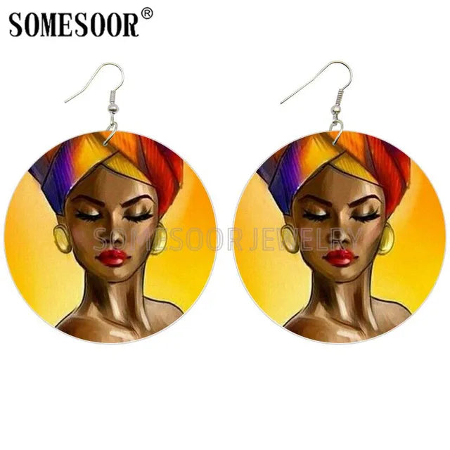 Printed African Wooden Drop Earrings