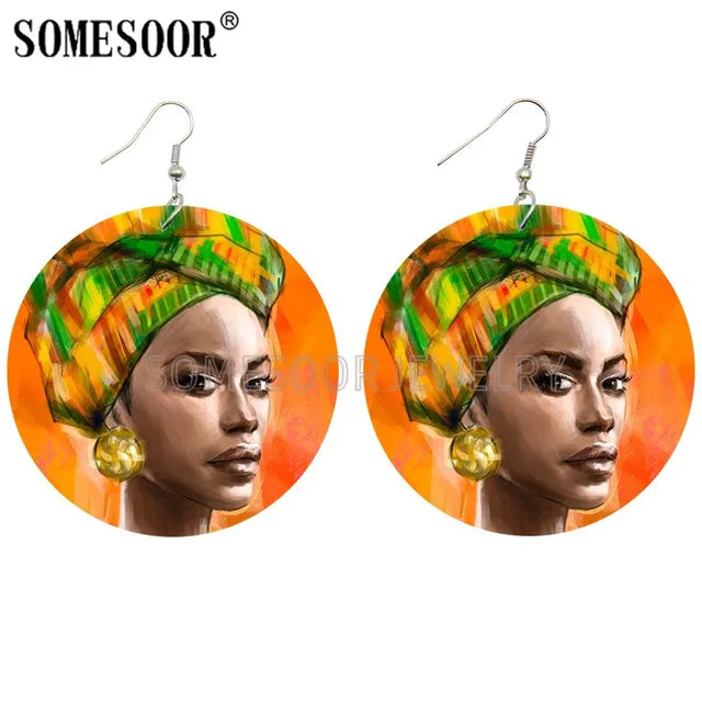 Printed African Wooden Drop Earrings