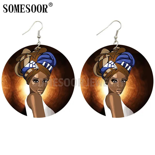 Printed African Wooden Drop Earrings