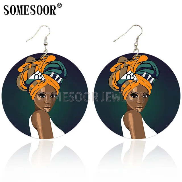 Printed African Wooden Drop Earrings