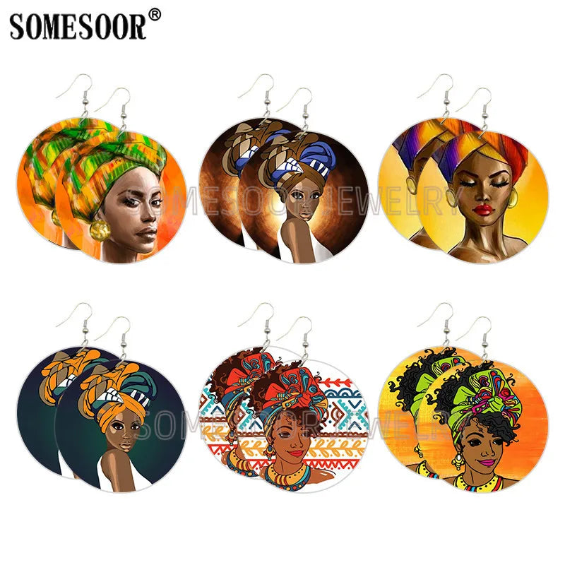 Printed African Wooden Drop Earrings