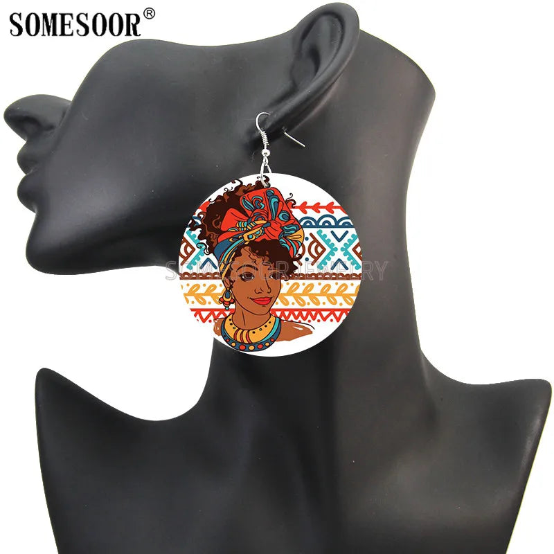 Printed African Wooden Drop Earrings