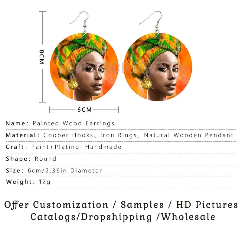 Printed African Wooden Drop Earrings