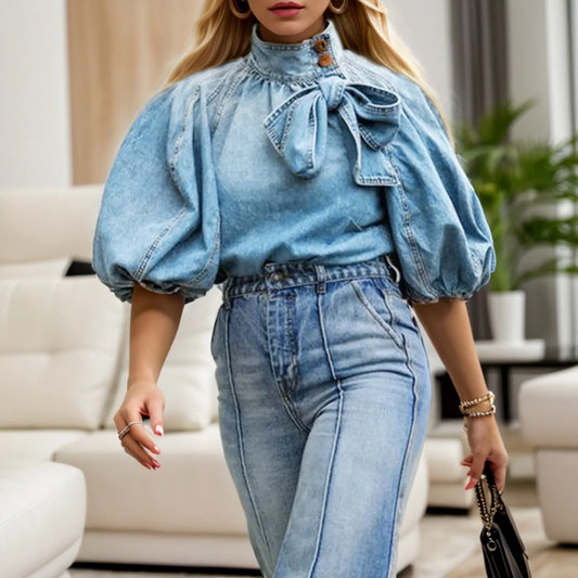 Denim High Neck Button Puff Sleeve Shirt