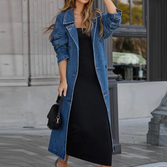 Double Breasted Denim Jacket Trench Coat With Belts